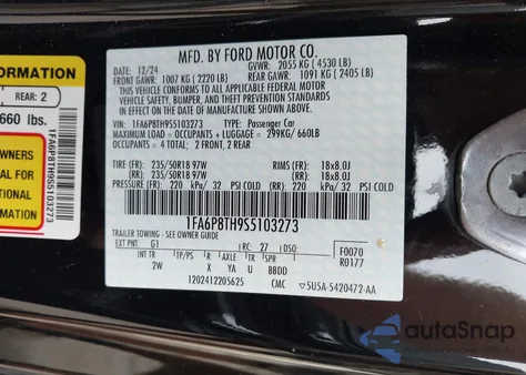 2025 Ford Mustang Ecoboost Fastback из США, поврежденный, VIN 1FA6P8TH9S5103273